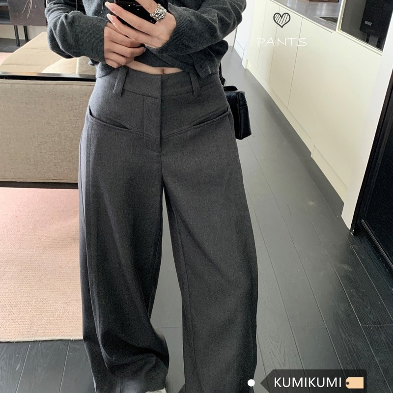 慵懒风垂感灰色西装裤休闲裤女秋季百搭高腰阔腿裤直筒长裤拖地裤|undefined