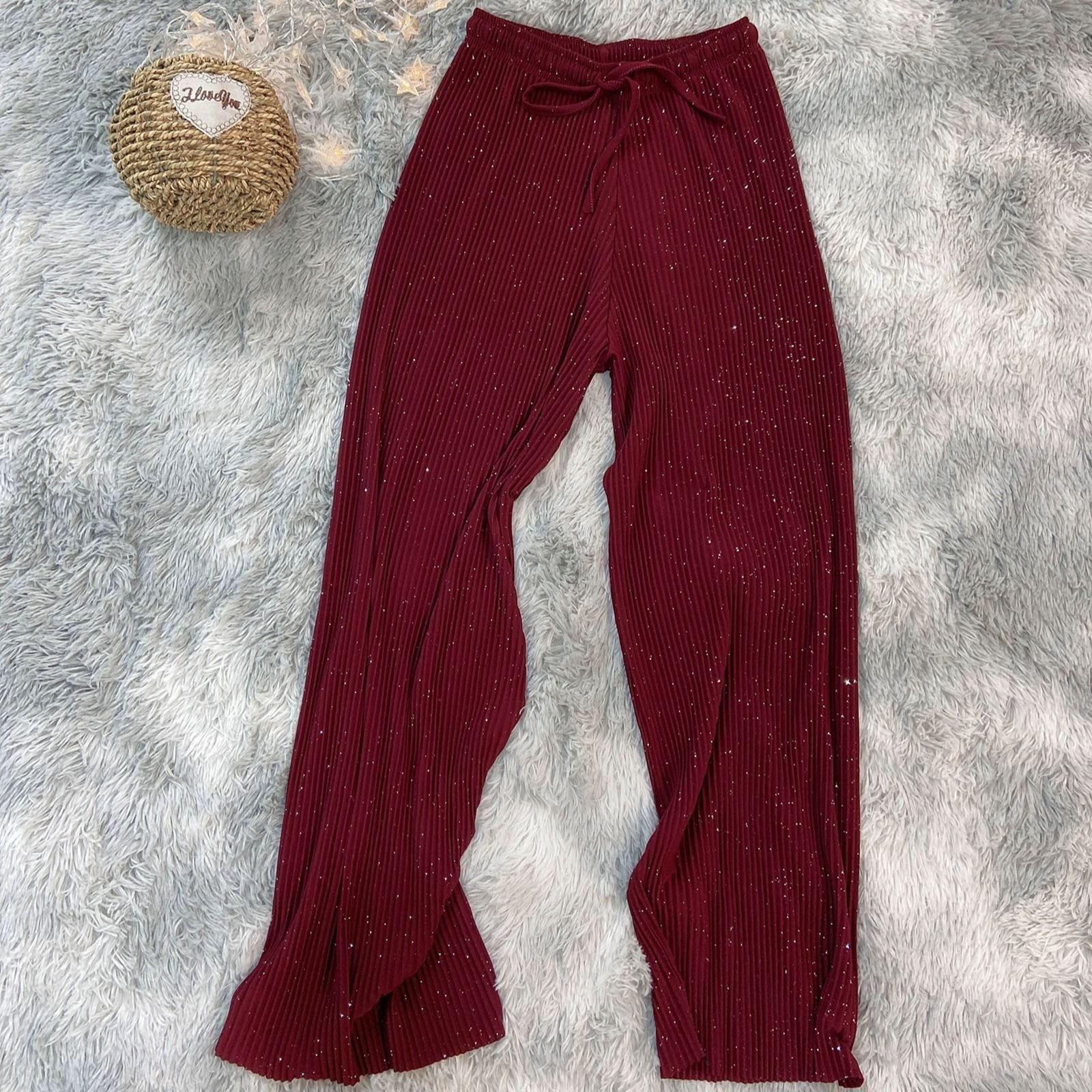 Pleated Wide-Leg Trousers, Starry Sky Print, One Size, Elastic Waist Drawstring