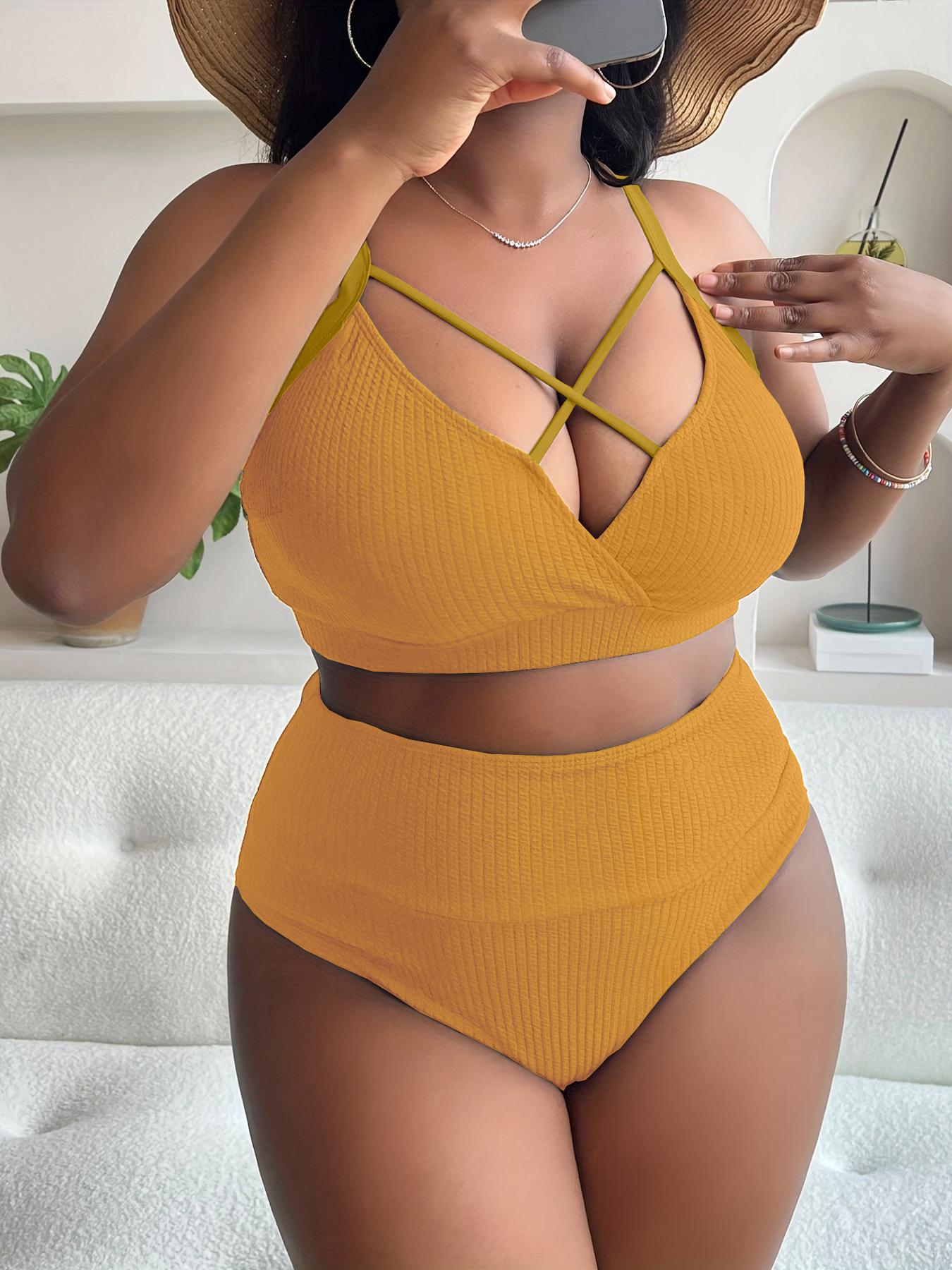 New European And American Foreign Trade Sexy Solid Color High-Waisted Bikini Swimsuit For Plus-Size Women P005_ecoleips.com