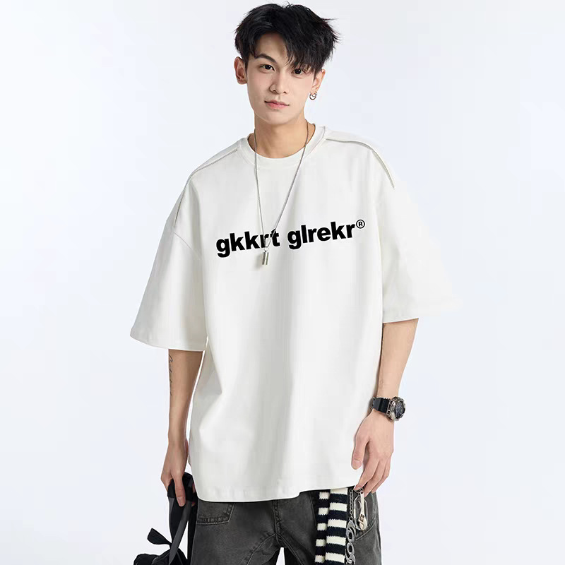 厚手の立体プリント純綿半袖Tシャツ メンズ トレンドブランド ゆったり 夏 薄手 カジュアル 五分袖トップス|undefined