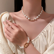韩国东大门时尚新款个性几何珍珠项链颈链锁骨链手链套装气质项饰