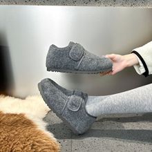 灰色毛呢毛绒勃肯鞋厚底女冬加绒面包鞋冬季新款毛毛鞋内增高棉鞋