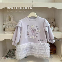 【秋冬新品】紫色芭蕾裙！女童新款卡通蕾丝花边网纱加绒卫衣裙子