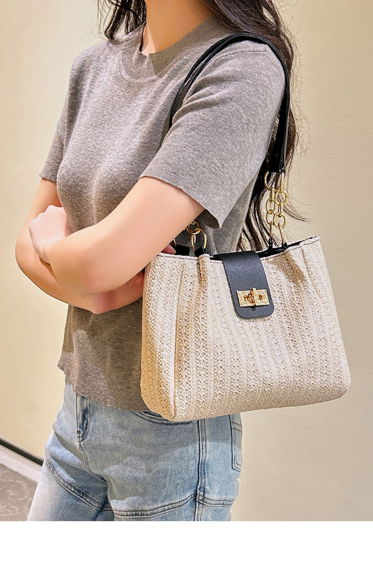 360g Weight Polyester Lining Material Lock clasp Closure Type Double Handle Strap Type Tote Bag Bags Type Daily Occasion Pu Leather, Straw Material Color Block Pattern All Seasons Season Women's Gender Streetwear Style Bucket Shape Medium Size Women's Medium Pu Leather Straw Color Block Streetwear Bucket Lock Clasp Tote Bag 无