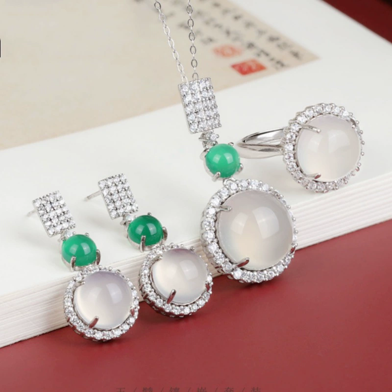 Fashionable natural ore jade, earrings, ring, pendant, necklace, jewelry, set, 3 piece set