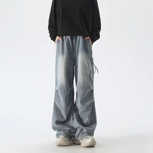 American Retro Pouched Wide-Leg Washed Streetwear Jeans for Men Autumn Loose Casual Long Pants
