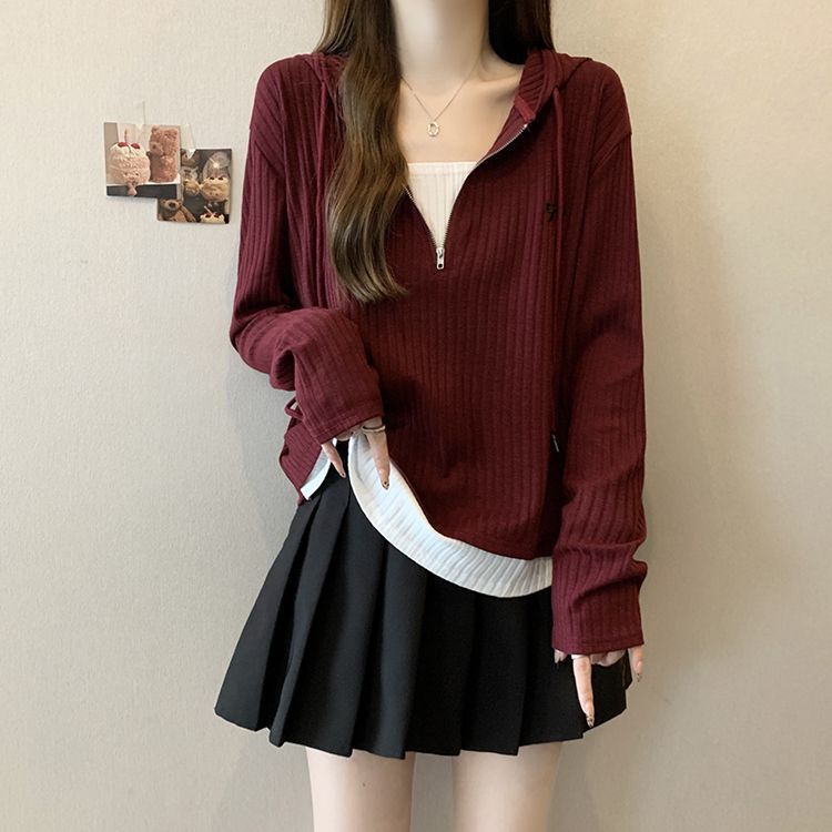 大码纹理感坑条假两件连帽上衣女2024秋季新款宽松显瘦长袖开衫女