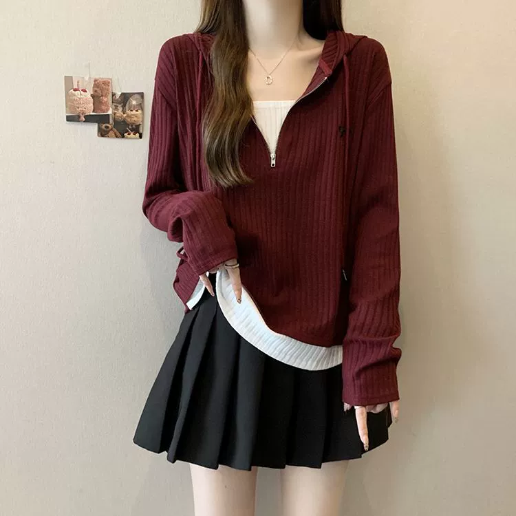 Большой размер текстуры ямы, поддельные две части с капюшоном, женский 2024 осень новый свободный тонкий кардиган с длинными рукавами