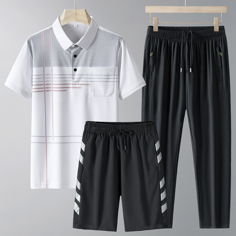 Traje casual de verano de papá de mediana edad Camiseta polo de media manga delgada de verano de manga corta para hombre Camiseta de tres piezas de secado rápido para hombre