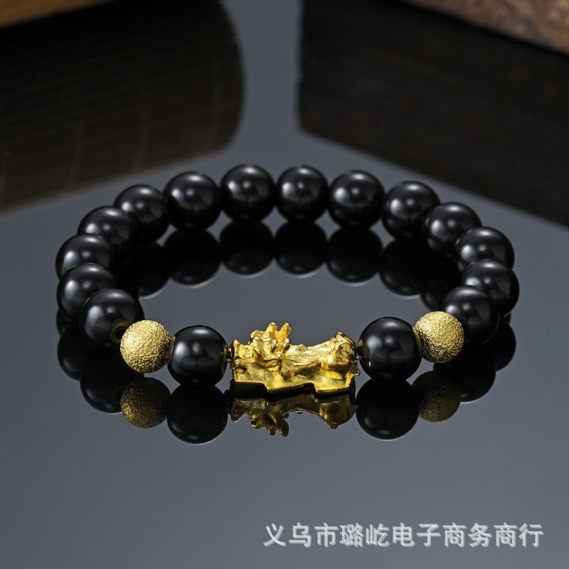 越南沙金貔貅金珠牛年手链男女黑曜石镀金皮丘手串义乌小商品爆款