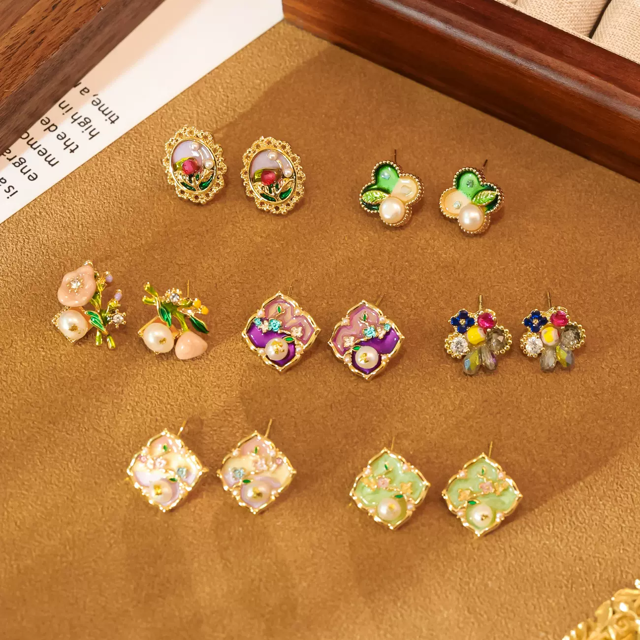 艾妮贝妮爆款莫奈花园油画风撞色花朵耳钉女小巧精致淡水珍珠耳饰