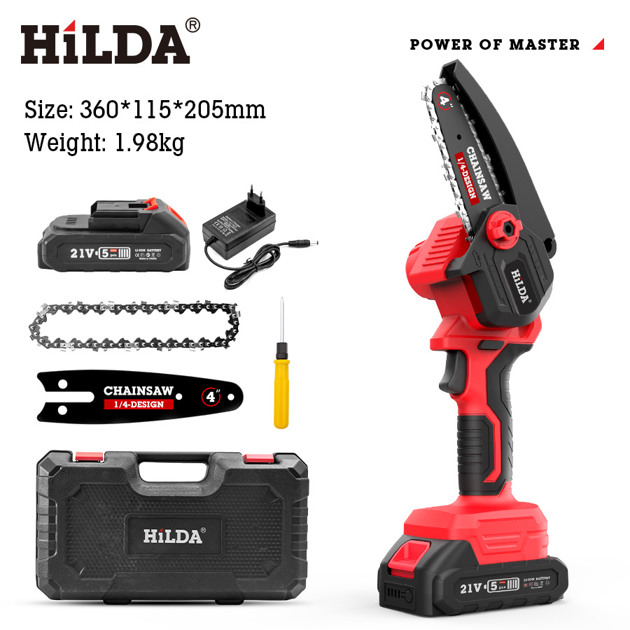 HILDA transfronterizo inalámbrico de 4 pulgadas sierra de cadena eléctrica mini Sierra de carpintería Sierra de cadena eléctrica de litio Sierra de registro de herramientas de jardín comercio exterior