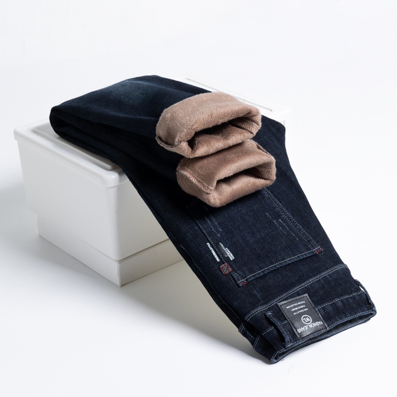 High-End Winter Jeans for Men, Thickened Velvet, Straight Slim Fit, Loose Elastic, Warm Casual Long Pants for Men