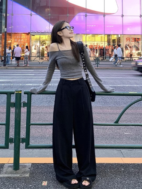 灰色露肩一字肩上衣女春季薄款短款针织衫修身内搭打底衫长袖t恤|undefined