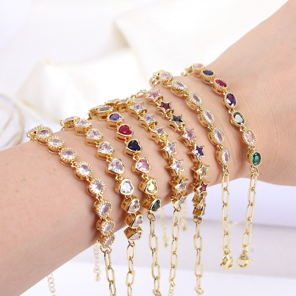 Fashion Heart Shape Copper Bracelets Gold Plated Artificial Gemstones Zircon Copper Bracelets