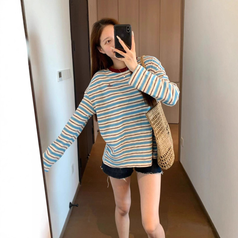 American Retro Double Yarn Knitted Embroider Loose Version Contrasting Ribbed Round Neck Dropped Shoulder Sleeves Stripesd T-Shirt G082502