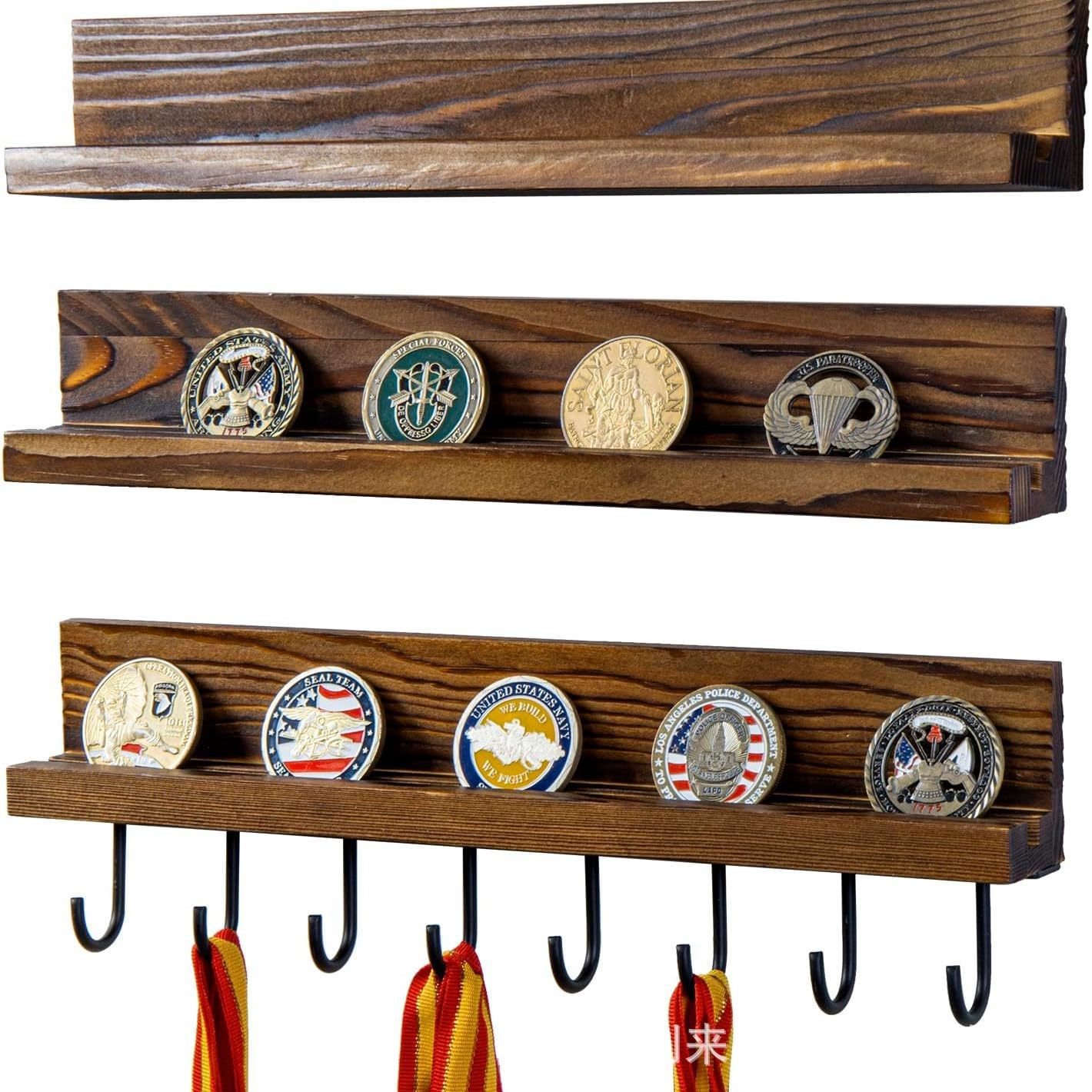 Wooden Medal Display Rack Solid Wood Home Wall Storage Rack with Hooks Medal Storage Rack Retro Wall Hanging Rack