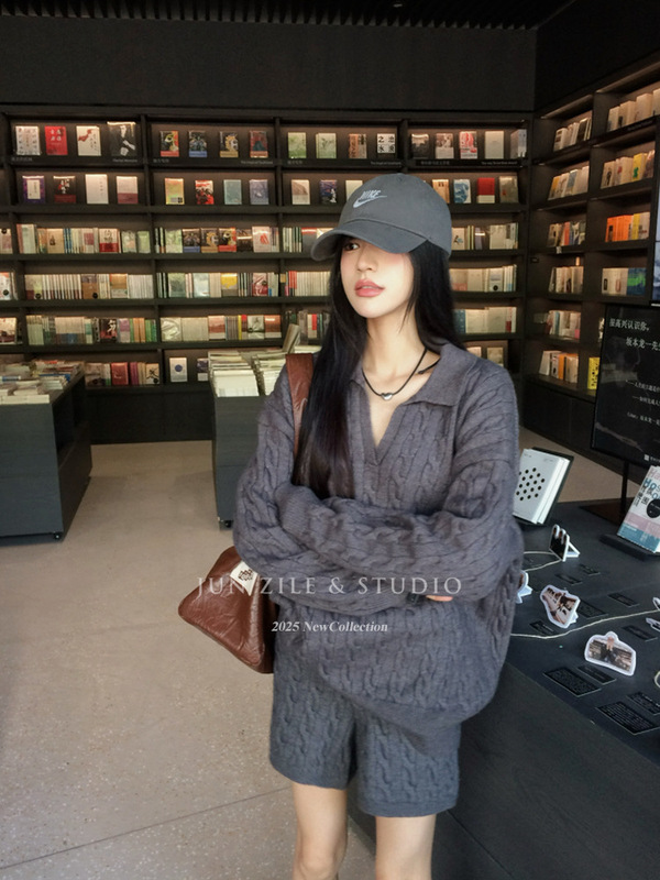 毛衣女秋季韩系宽松百搭休闲麻花翻领针织衫慵懒风半开领长袖上衣|undefined