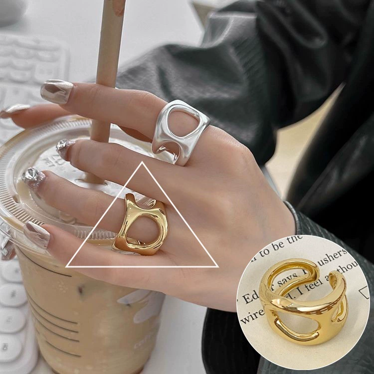 retro fashionable geometric ring hip-hop style, silver 925 sample, on index finger