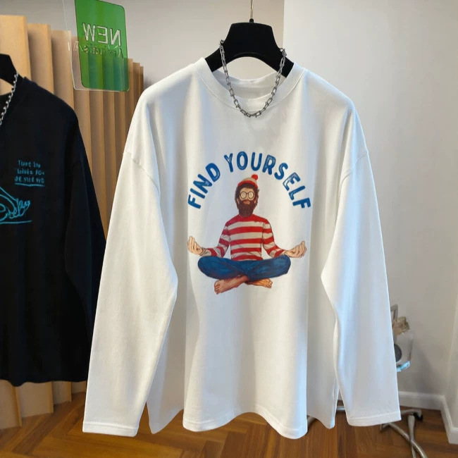 Plus size 100kg cartoon thin cotton long-sleeve t-shirt for women, suitable for layering in spring and autumn, paired with shark pants