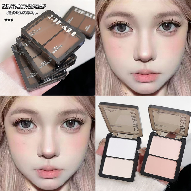 Dikalu Dual-Color Highlighting and Contouring Palette Matte and Shimmer Powder for Brightening Face, Eye, Nose Shadow, Sweat-Proof Dual Palette