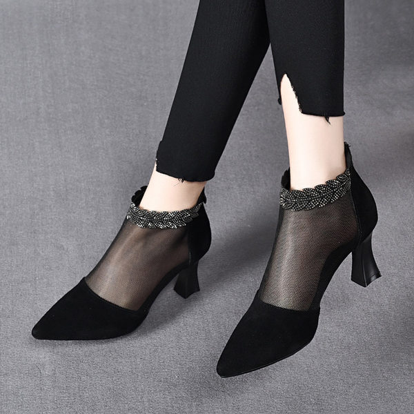 Boot lưới nữ cao gót mùa hè, cổ thấp, chất liệu da thật thoáng khí — Màu Đen Cashmere + lưới