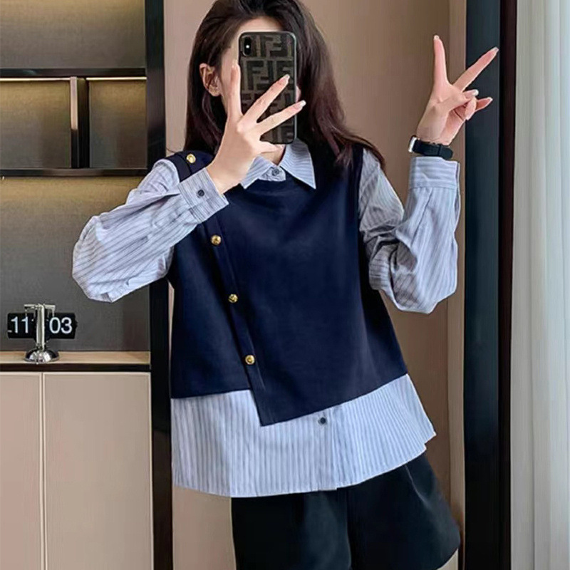假两件条纹衬衫女春秋款拼接设计宽松百搭上衣叠穿大码衬衣潮|undefined
