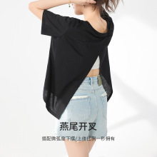 超凡服饰燕尾开叉显瘦短袖上衣2024夏季新款桑蚕丝亚麻T恤女