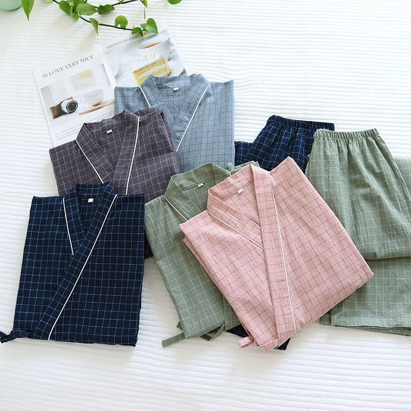 Summer New Cotton Couples Kimono Suit Spring and Autumn Thin Men's and Women's Washed Cotton Home Pajamas Factory Direct Supply