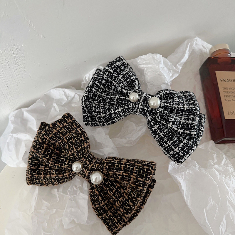 Französisches Karomuster, große Perle, Schleife, schwarz-weiß, Kopfbedeckung, Haarnadel, elegantes Hinterkopf-Frühlingsoberteil, kariertes Herbst- und Winterhaar_voghion.com