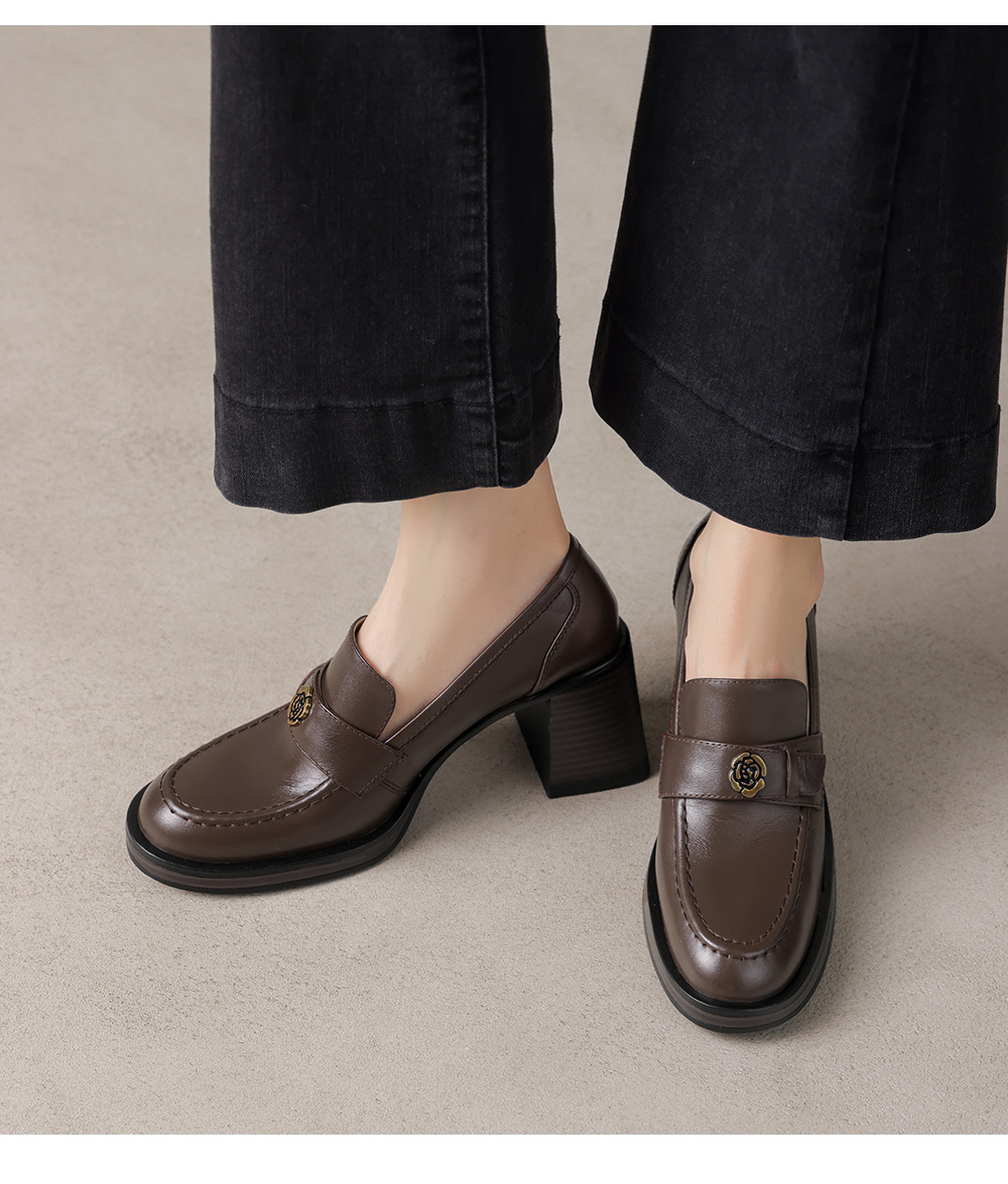 Giày loafer nữ cao gót phong cách Anh quốc vintage, da bò thật gót vuông — màu nâu chi tiết 6