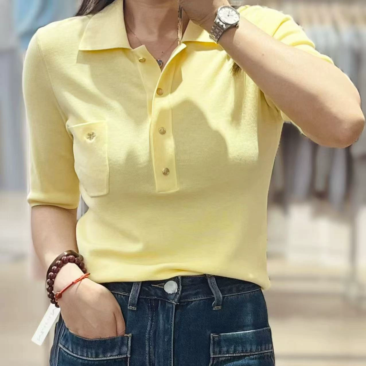 Женская футболка POLO Zero Little Bee с вышивкой из тутового шелка и короткими рукавами, новинка 2025 года, французский вязаный топ