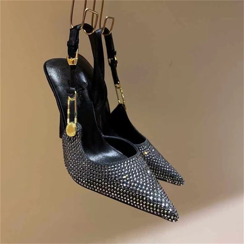 2023 foreign trade new full diamond hot rhinestone pointed toe with decorative metal buckle stiletto heel ultra-high heel plus size sandals for women