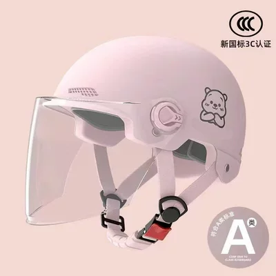 Motosiklet kaskı (dəbilqə): for men and women, electric motorcycle - adult-versionlight-pink-transparent-long-mirror-little-bear