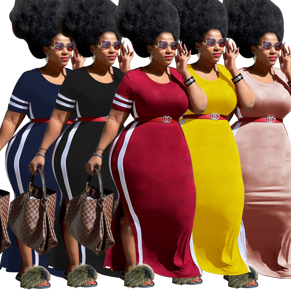 Cross-border Independent Station Solid Color Stripe Stitching plus size dress Amazon Ebay Crewneck Pullover Split Long Skirt