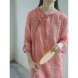 中式苎麻连衣裙女夏薄款高端茶服棉麻旗袍粉改良显瘦文艺复古国风