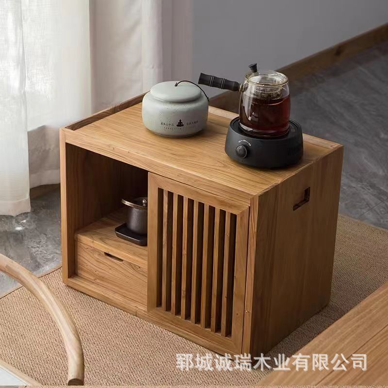 シンプルな新中式無垢材茶水キャビネット、畳用茶テーブルキャビネット、低床移動式レトロ古材水沸かしキャビネット|undefined