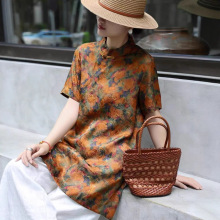 新中式国风复古橘色提花短袖衬衫女夏季中长款下摆开叉唐装上衣