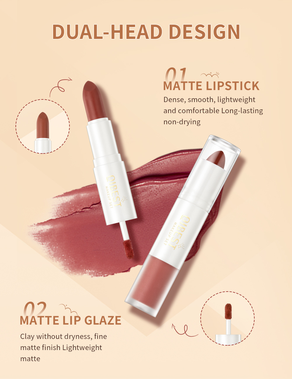 QIBEST double-headed velvet makes the lips look fair and red, does not fade easily, matte non-stick cup, long-lasting natural three-dimensional lip gloss, cross-border Specification drawing