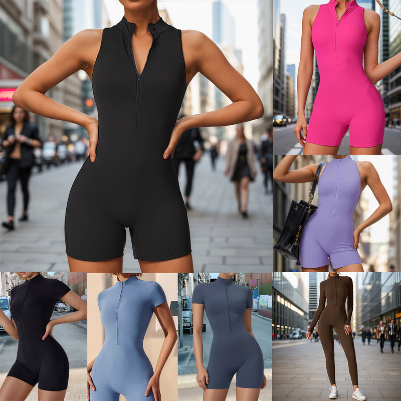 Europe and the United States cross-border high-intensity sports back yoga jumpsuit zipper naked hip tight one-fit fitness suit for women Europe and the United States cross-border high-intensity sports back yoga jumpsuit zipper naked hip tight one-fit fitness suit for women