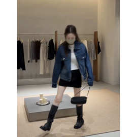 秋上新Oker同款韩系26时尚复古水洗蓝翻领拉链显瘦牛仔夹克外套女