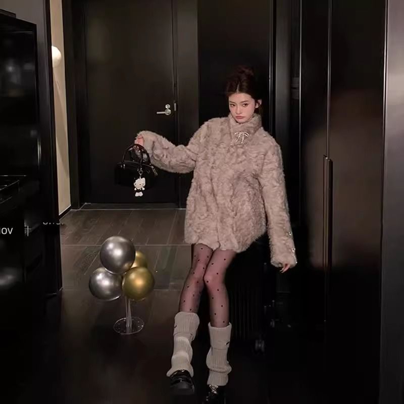 月影少女立领皮草外套女冬保暖仿羊羔毛一体短款毛毛大衣女