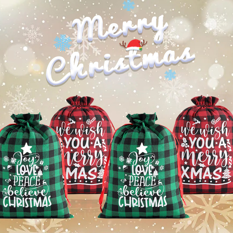 クロスボーダークリスマスチェック柄コットン巾着ポケットキャンディギフト巾着バッグパーティーホリデーギフトバッグカスタマイズ可能|undefined