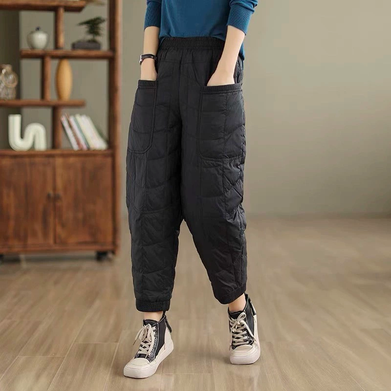 Зимние легкие хлопковые брюки с высокой талией, на флисовой подкладке, в стиле ретро, осенние, прямые, свободного кроя, в корейском стиле, модные, повседневные, универсальные и легкие.
