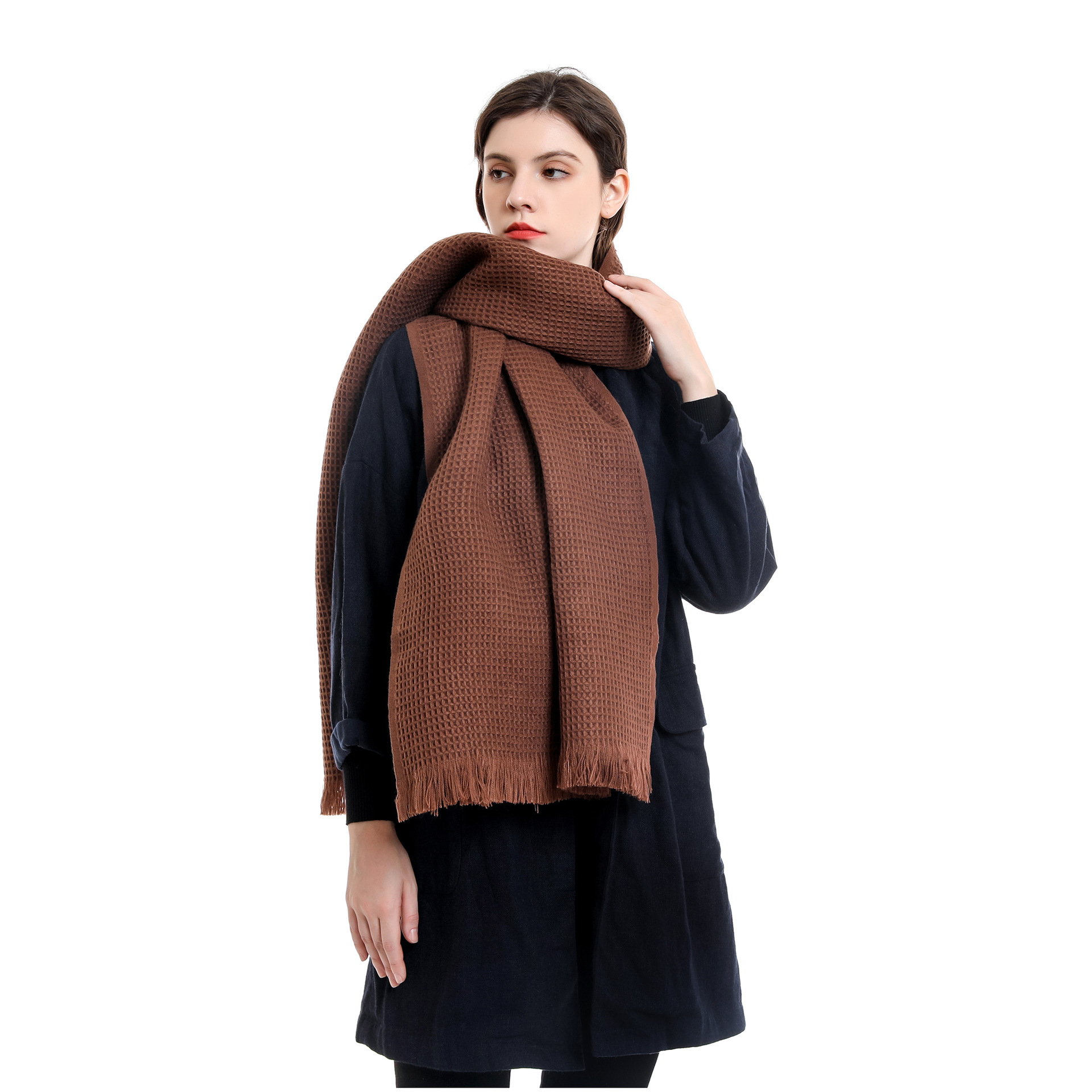 Japonés bufanda de punto gruesa línea pareja waffle bufanda de color sólido cálido retro largo Otoño e Invierno moda