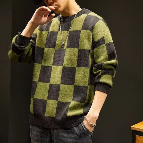 Men's Loose Plaid Sweatshirt in Autumn/Winter Style, Large Size Round Neck Base Layer Knitwear for Winter Upper Clothing