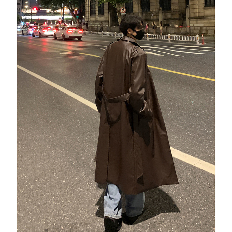 Handsome men's windbreaker cool mid-length autumn and winter pu leather black leather coat extended Hong Kong style