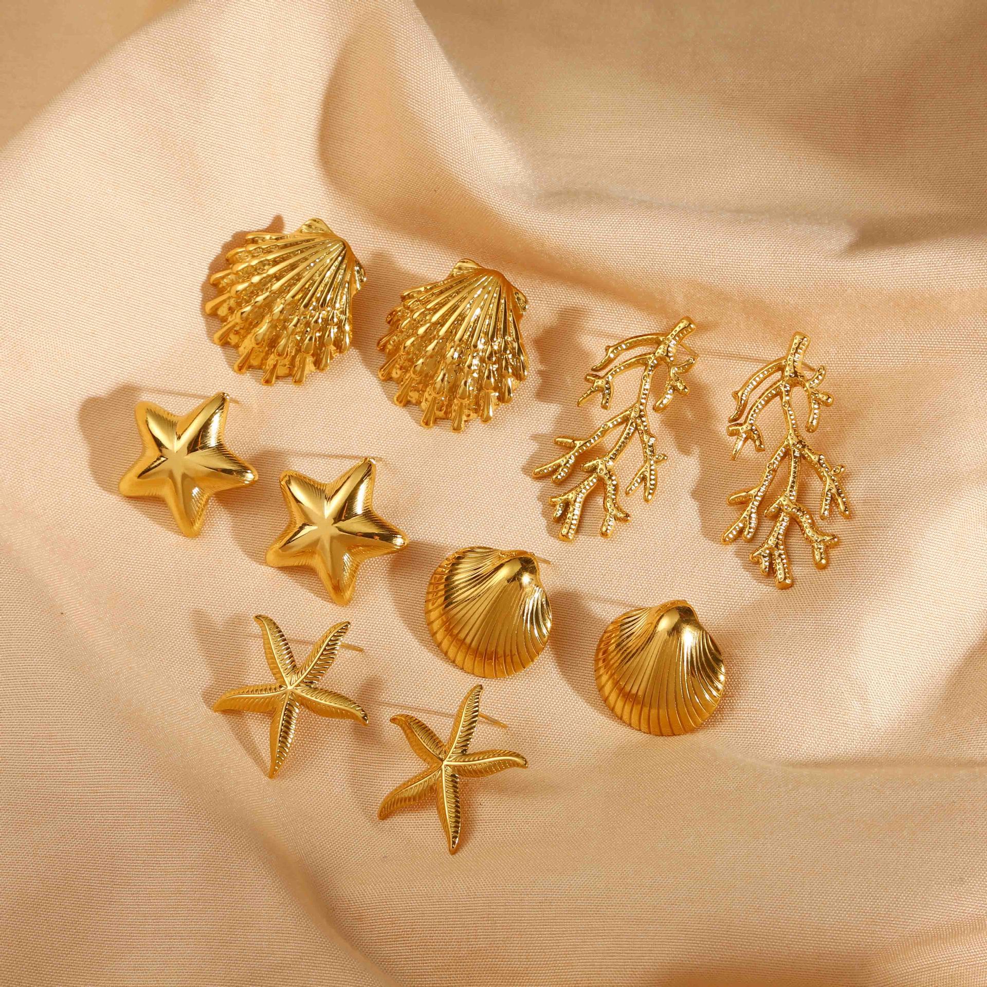 1 Pair Vintage Style Classic Style Scallop Star Starfish Plating 304 Stainless Steel Ear Studs display picture 7