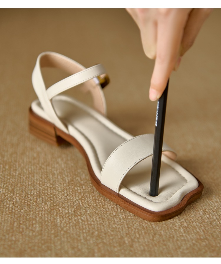 Sandal quai ngang hở mũi vuông đế bệt khóa đơn giản cỡ lớn 34–43 — Màu nâu chi tiết 2