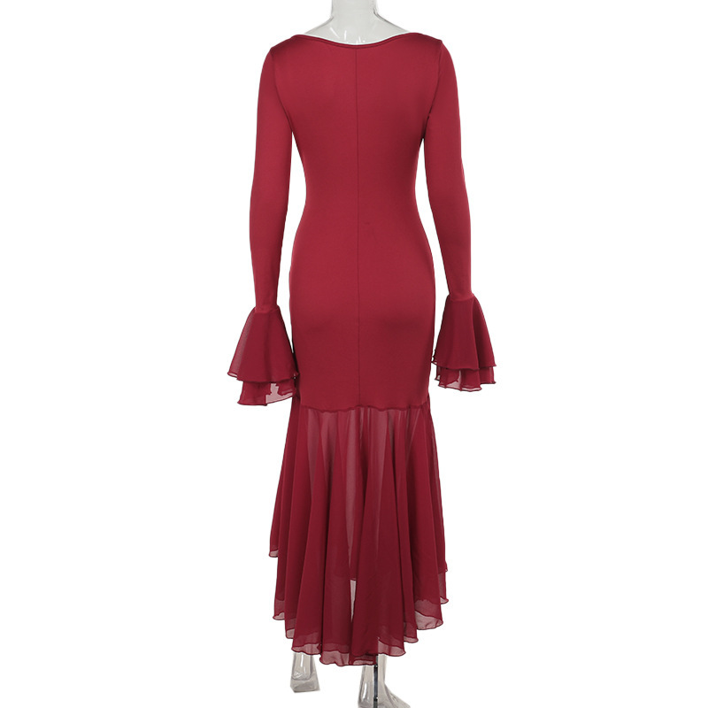 Autumn Socialite Elegant Sexy Slim Fit Ruffled Hem Long Sleeve Dress Women